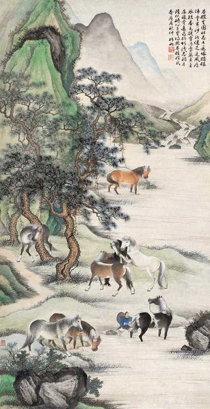 殷梓湘 庚辰（1940年）作 八骏图 轴